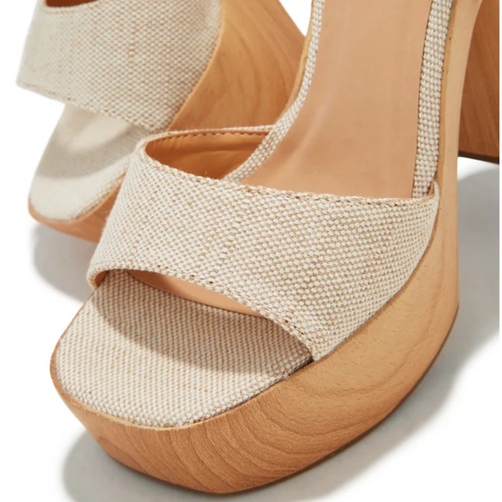 Neutral Canvas Platform Sandals with Wood-Effect Heel - Picture 3 of 5